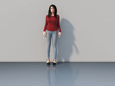 Woman In Red Long Sleeve Top And Blue Jeans Standing On Shiny Floor Gray Wall 3d model