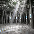Contemporary Exhibition Hall With Tall Columns Leaf Like Ceiling Light Rays Geometric Floor And Screens