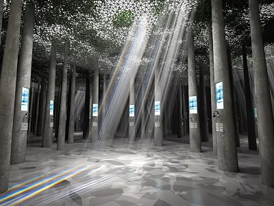 Contemporary Exhibition Hall With Tall Columns Leaf Like Ceiling Light Rays Geometric Floor And Screens 3d model