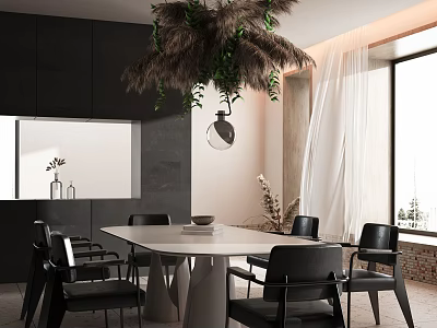 Modern Dining Table Set with White Table Black Chairs Feather Plant Chandelier and White Curtains 3d model
