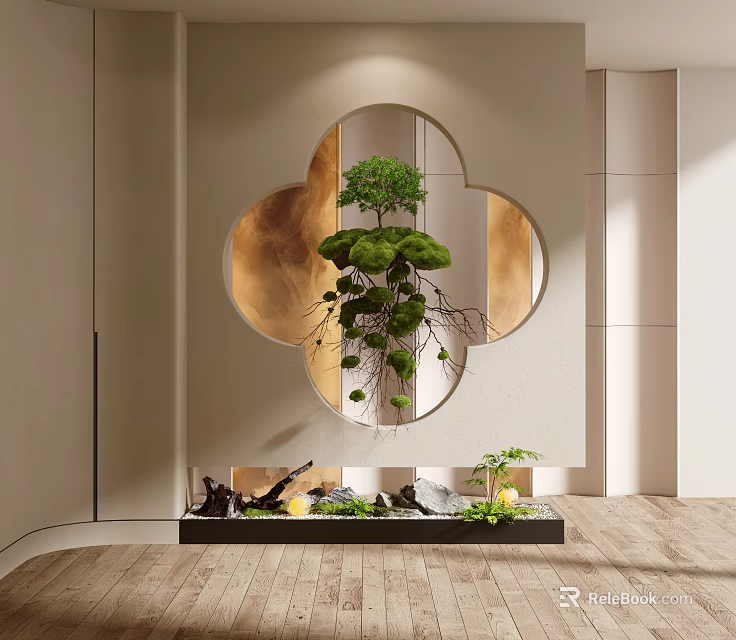 Modern Entryway Hallway With Decorative Round Mirror Green Plants Decorative Tray And Small Stones 3d model 