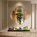 Modern Entryway Hallway With Decorative Round Mirror Green Plants Decorative Tray And Small Stones