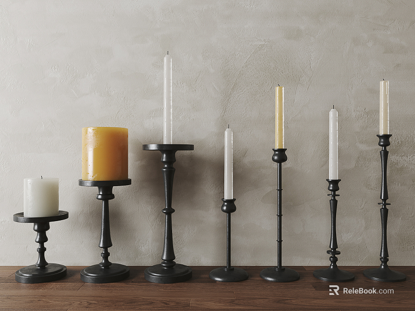 Black Metal Candle Holders In Various Heights On Wooden Table With Gray Wall Background 3d model 