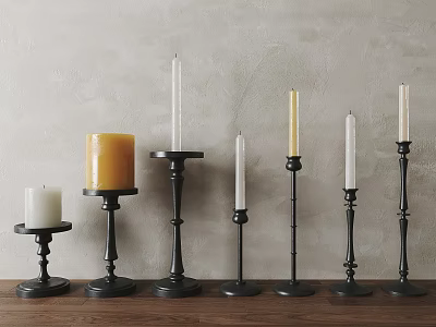Black Metal Candle Holders In Various Heights On Wooden Table With Gray Wall Background 3d model