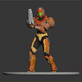 Action Figure In Orange Black Armor Holding Weapon On Silver Circular Base