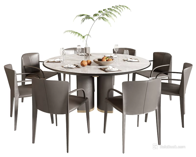 Modern Round Dining Table With Grey Chairs Marble Tabletop Tableware Fruits And Green Plant Decoration 3d model 