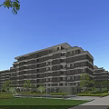 Modern Residential Building With Modern Facade Large Windows Green Lawn Trees Pathway And People Walking