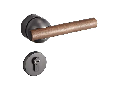 Modern Wooden Lever Door Handle with Brass Base and Keyhole Lock Design 3d model