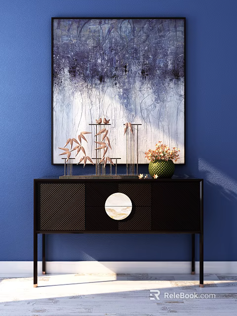 Modern Entryway Console Table With Abstract Painting And Metal Decorative Vase 3d model 