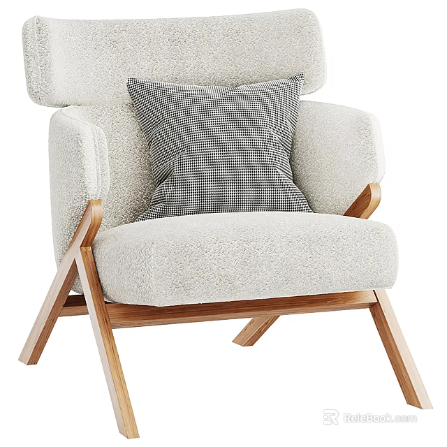 Modern Single Sofa With Soft Plush Fabric Checkered Accent Pillow And Wooden Legs 3d model 