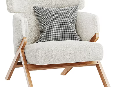 Modern Single Sofa With Soft Plush Fabric Checkered Accent Pillow And Wooden Legs 3d model
