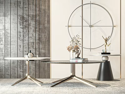 Modern Round Coffee Tables With Metal Base Decorative Vase And Wall Clock 3d model