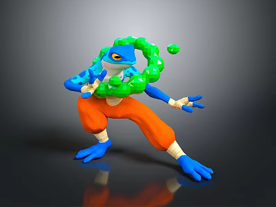 Blue Reptile in Dynamic Pose Performing with Green Hoop and Ball in Orange Pants 3d model