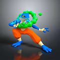Blue Reptile in Dynamic Pose Performing with Green Hoop and Ball in Orange Pants