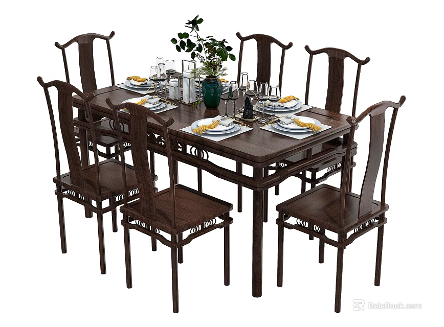 Dark Brown Solid Wood Chinese Dining Table Set With Six Carved Chairs And Tableware 3d model 