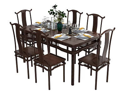 Dark Brown Solid Wood Chinese Dining Table Set With Six Carved Chairs And Tableware 3d model