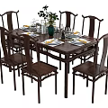 Dark Brown Solid Wood Chinese Dining Table Set With Six Carved Chairs And Tableware 3d model