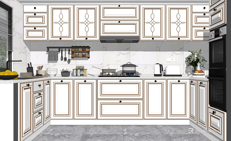 Modern Kitchen Interior With White Cabinets And Elegant Marble Countertop 3d model 