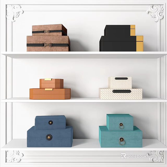 Ornamental Decor Set of Stacked Patterned Boxes with Metal Clasps on White Shelves 3d model 