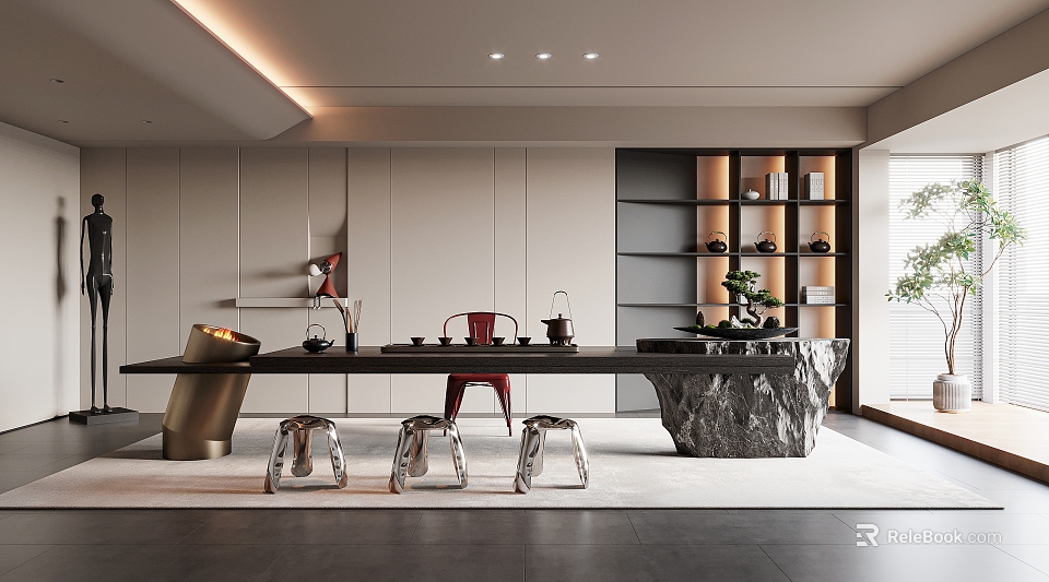 Modern Tea Room Interior With Long Table Red Chair Metal Stools Stone Countertop And Bookshelves 3d model 
