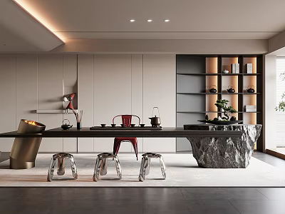 Modern Tea Room Interior With Long Table Red Chair Metal Stools Stone Countertop And Bookshelves 3d model