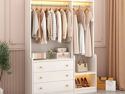 Clothes Hangers In Bedroom Wardrobe With Hanging Clothes And Storage 3d model