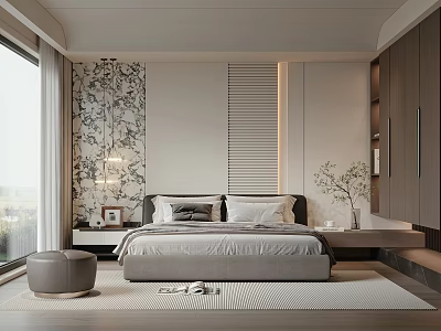 Modern Minimalist Bedroom Interior With Gray Bed Pillows Stool Floral Pattern Wall And Large Window 3d model