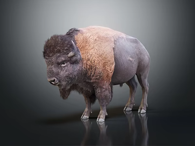 Majestic Bison Standing With Brown And Dark Fur On Reflective Surface 3d model