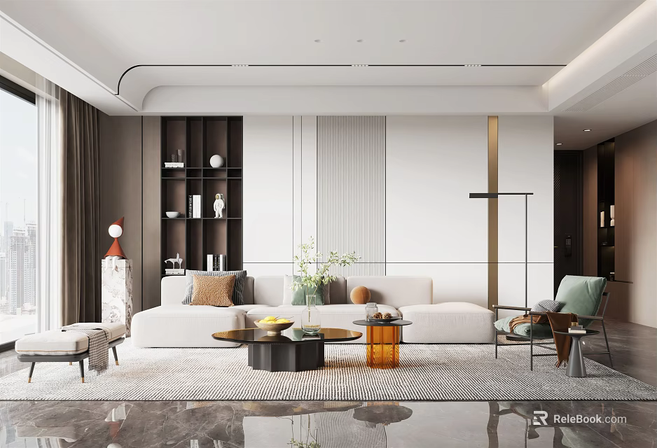 Modern Living Room Interior Design With White Sofa Coffee Table Bookshelf Decorative Plants And Area Rug 3d model 