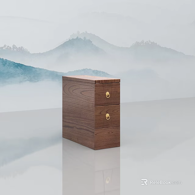 Wooden Bedside Table With Two Drawers And Golden Handles In Natural Style 3d model 