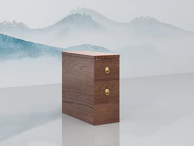 Wooden Bedside Table With Two Drawers And Golden Handles In Natural Style 3d model
