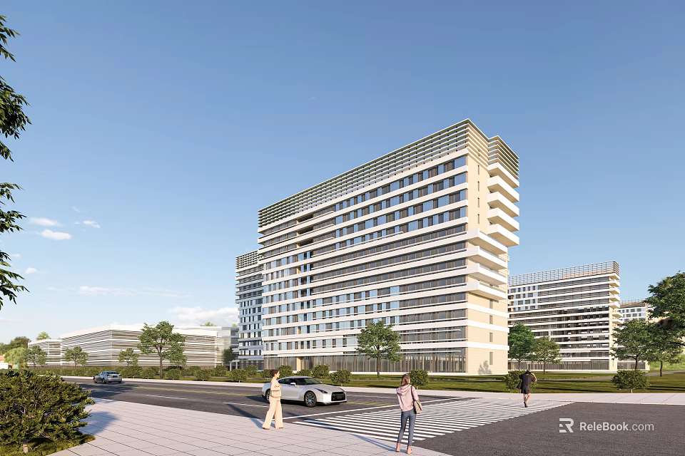 Modern High Rise Building Exterior With Pedestrians Cars Trees And Blue Sky 3d model 