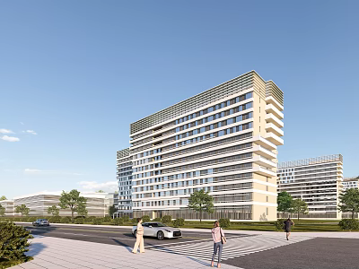Modern High Rise Building Exterior With Pedestrians Cars Trees And Blue Sky 3d model