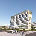 Modern High Rise Building Exterior With Pedestrians Cars Trees And Blue Sky