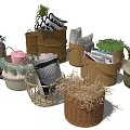 Variety of Woven Storage Baskets with Plants Towels Magazines and Decor Items