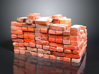 Rustic Stacked Red Bricks Structure With Textured Surfaces And Reflective Base 3d model