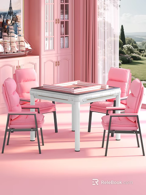 Cozy Pink Interior With White Dining Table And Comfortable Pink Chairs Set 3d model 
