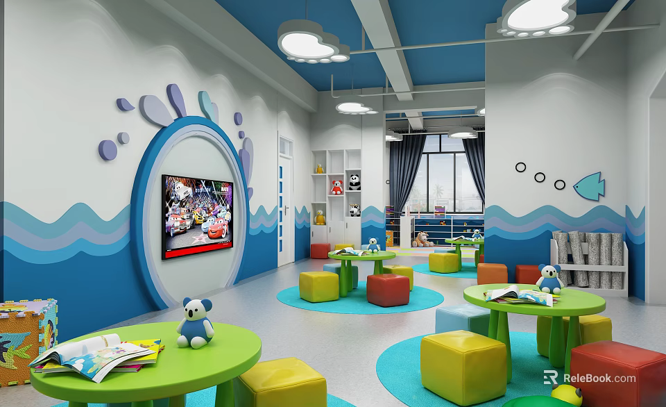 Colorful Kindergarten Interior With Green Tables Colorful Stools Blue Wave Decor And Cartoon TV 3d model 