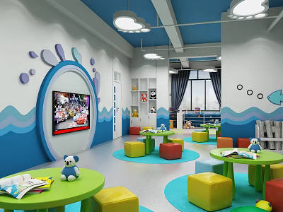 Colorful Kindergarten Interior With Green Tables Colorful Stools Blue Wave Decor And Cartoon TV 3d model