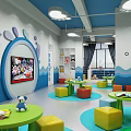 Colorful Kindergarten Interior With Green Tables Colorful Stools Blue Wave Decor And Cartoon TV