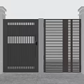 Modern Black Metal Slatted Gate with Pillar Lights and Greenery by Wall
