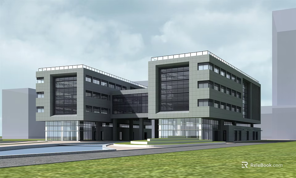 Modern Office Building With Large Glass Windows Gray Exterior Green Lawn And Water Pool 3d model 