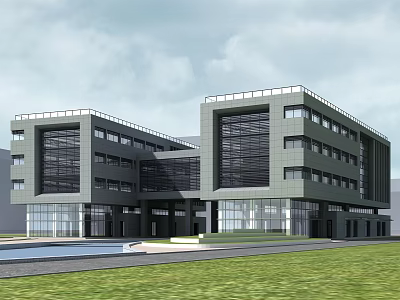 Modern Office Building With Large Glass Windows Gray Exterior Green Lawn And Water Pool 3d model