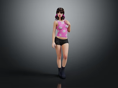 Game Movie Character With Double Ponytail Pink Tank Top Black Shorts And Black Boots 3d model