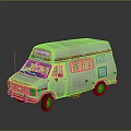 Vintage White Chevrolet Van With Red Orange Stripes And Window Curtains