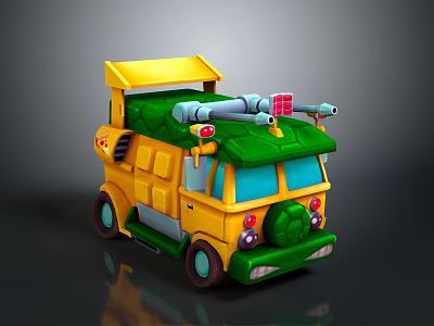 Yellow and Green Cartoon Style Toy Car with Roof Structure and Red Headlights 3d model