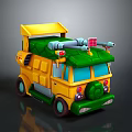 Yellow and Green Cartoon Style Toy Car with Roof Structure and Red Headlights