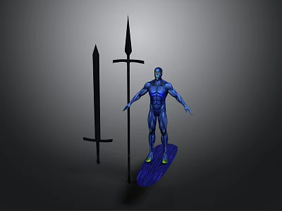 Detailed Blue 3D Human Figure Scene With Sword Spear And Surfboard 3d model