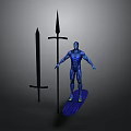 Detailed Blue 3D Human Figure Scene With Sword Spear And Surfboard