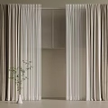 Modern Minimalist Beige And White Linen Curtains With Sheer Layers And Potted Plant